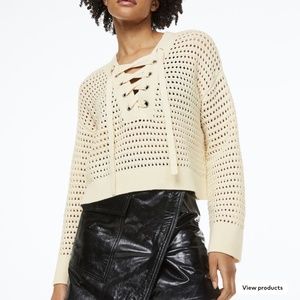NWT H&M Cream Cotton Blend Pointelle Lace Up Sweater